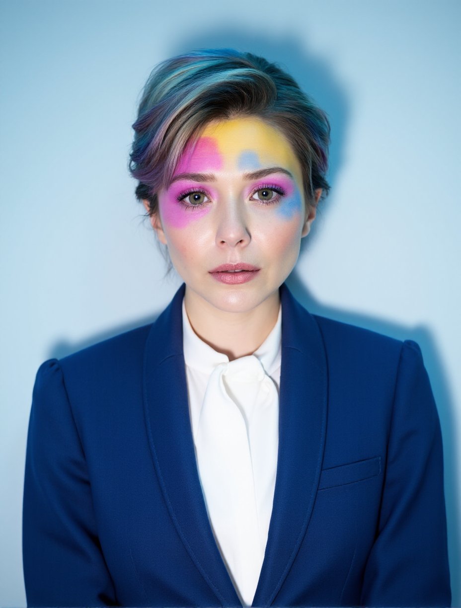 This is a high-resolution photograph of a young woman with a pale skin tone and short with closed mouth, dyed hair in a vibrant mix of purple and blue hues. Her hair is slicked back, exposing her face, which is adorned with striking makeup. The makeup features abstract, colorful patches in shades of yellow, pink, and blue, creating a whimsical and artistic appearance. The makeup extends from her forehead down to her jawline, blending seamlessly with her skin.She is wearing a classic deep blue suit, tailored to create a sharp, polished look. The jacket's clean lines are complemented by a crisp white shirt, adding a touch of freshness. The background features a soft gradient of blue and white, perfectly highlighting her makeup and hair color, creating a harmonious visual effect.The photograph is well-lit. The overall style of the image is artistic and avant-garde, emphasizing the interplay between the woman's natural features and the bold, abstract makeup. The photograph captures a blend of modern fashion and artistic expression, with a focus on creativity and individuality.,Elizabeth Olsen,<lora:Elizabeth Olsen_Flux_V1:0.9>