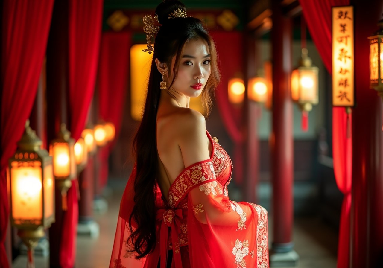 Award-winning photography captures the essence of ancient Oriental beauties posing in lavish Chinese palace settings. The stunning model showed off her toned physique and stunning curves in a stunningly beautiful Hanfu made entirely of sheer fabric with intricate patterns and designs. Her long dark brown hair cascades down her back in a vibrant pose, and her focused eyes are full of charm and seduction. Silk curtains adorn the pillars, ancient lanterns illuminate the hall, and delicate golden light fixtures sparkle in the soft light. Her perfect figure was almost completely covered by the flowing Hanfu, leaving only her attractive plump breasts and small nipples, teasing the audience's gaze. A few strands of hair set off her delicate face, sexy red lips and seductive aura. These images exude an intoxicating sense of luxury, sensuality and ancient mystery. Movie special effects style.