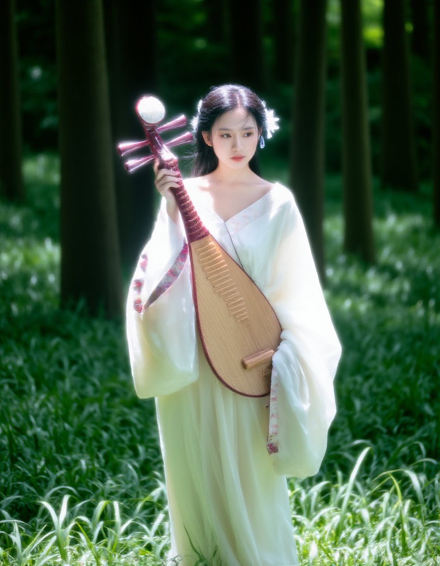 A young Asian woman wearing white Hanfu,  holding a Chinese guqin in her right hand. Her hair was combed into waves,  and...