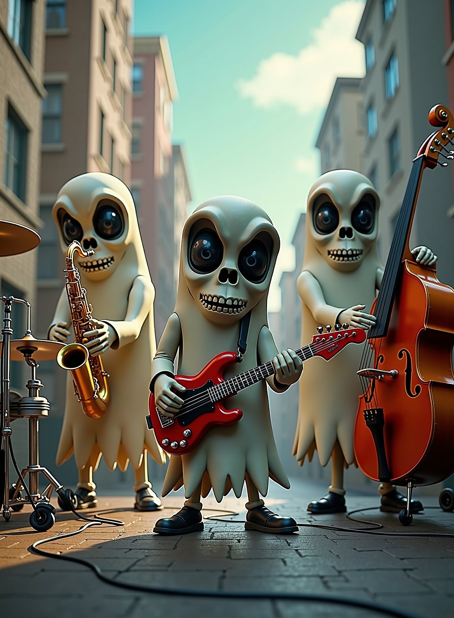 Ghosts and skeletons playing in a rock band on stage In the style of PIXAR, saxophone, guitar, double bass, (Cinematic), (oversized facial features:1.5), (caricature:1.4), Raw 3D render of a rock band of ghosts, Huge heads, big eyes, angry faces, Poster, City background, view from above