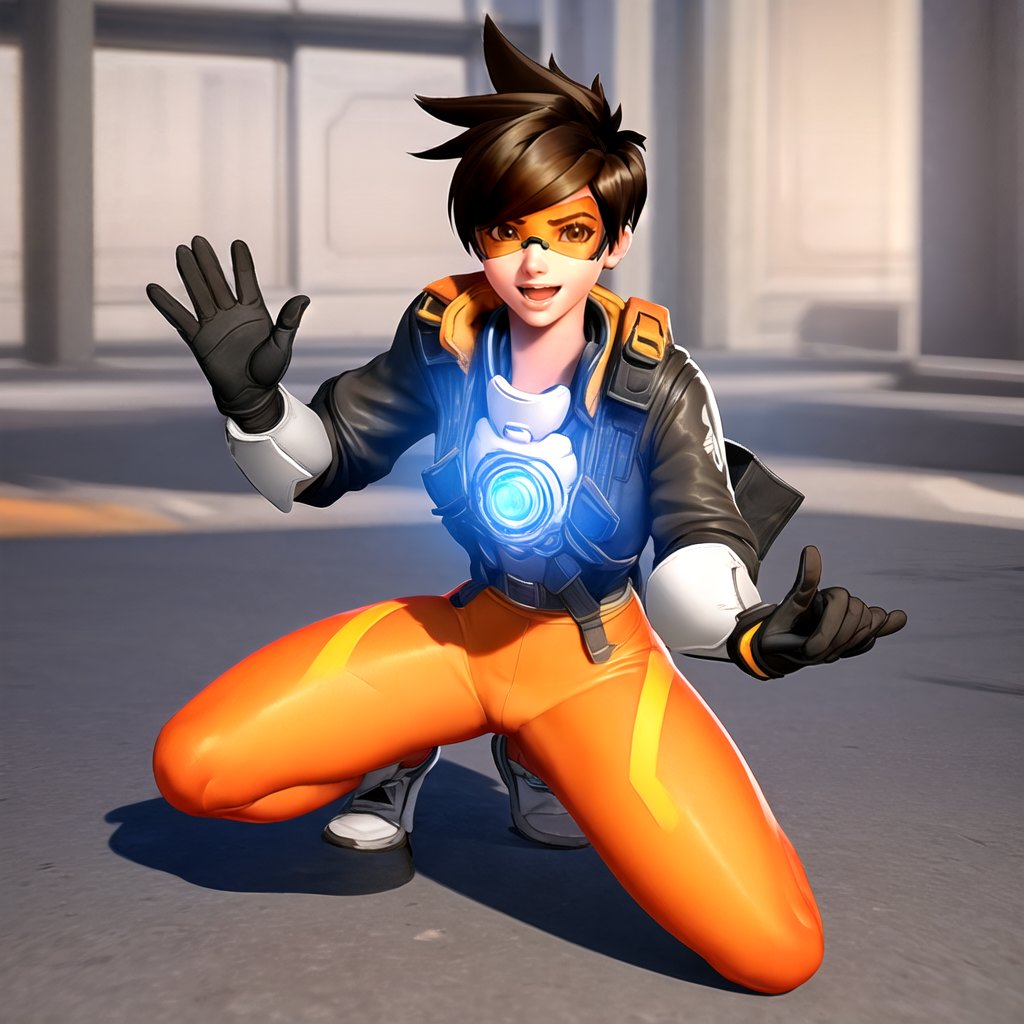 Tracer, 1girl, solo, goggles, smile, spiked hair, orange goggles, short hair, gloves, open mouth, jacket, looking at viewer, chest harness, harness, upper body, brown hair, black hair, perfect body, full body, fit body, <lora:Tracer_1_5:0.5>