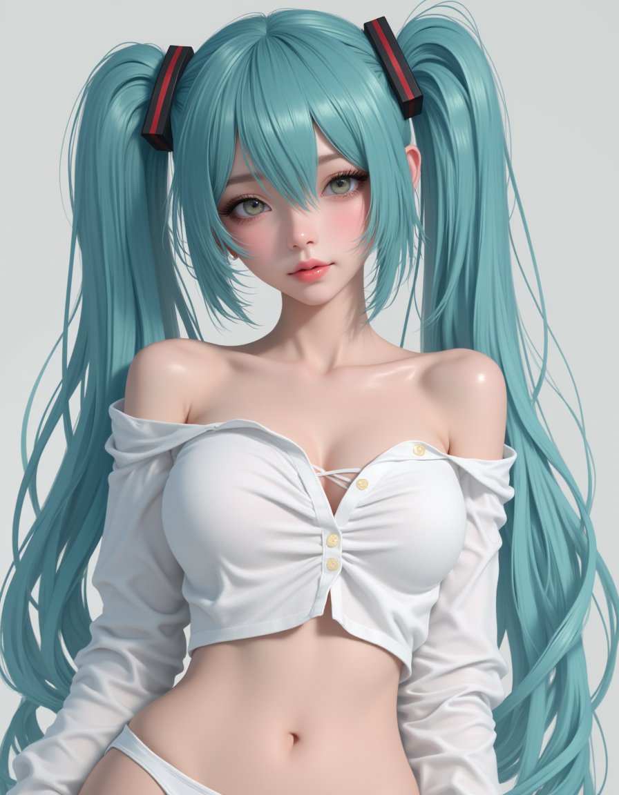 Sexy Suchkgirl in loose oversize white shirt, shoulder, navel, Hatsune Miku with twin tail, korean, hyper realistic