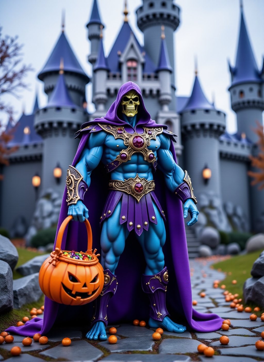 Skeletor, Skull face and blue skin is standing holding  a halloween pumpkin basket filled with candy in front of Grayskull castle. Halloween scenery <lora:Skeletor:0.9>