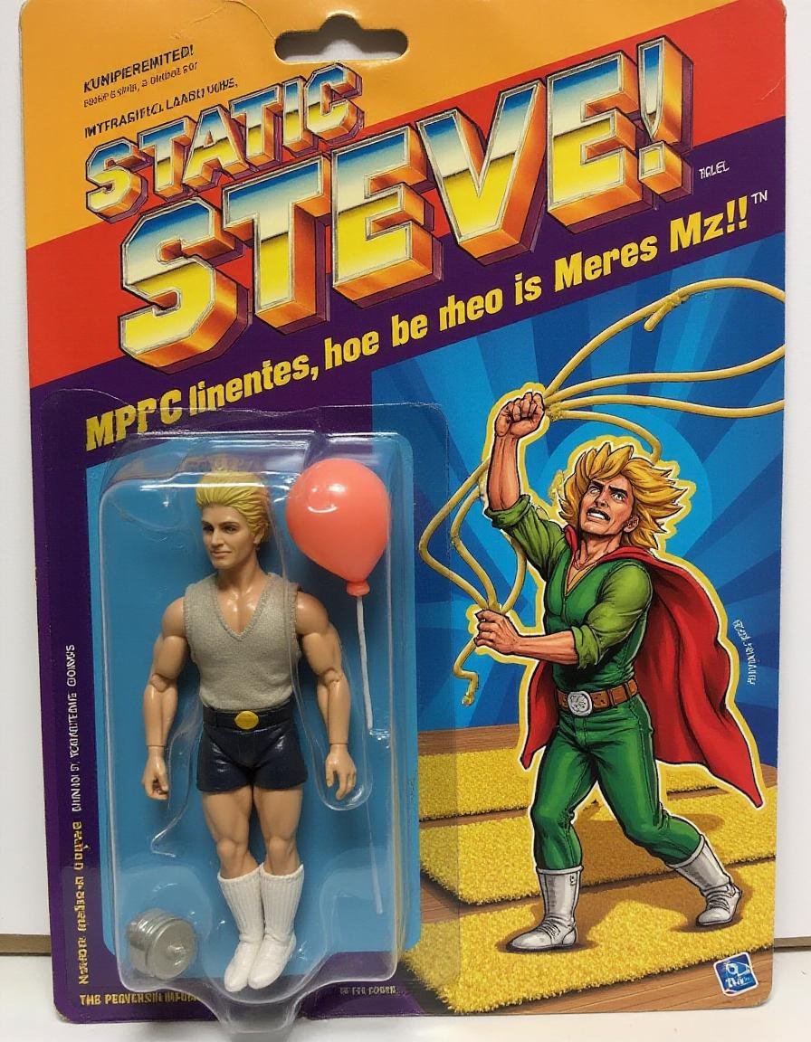 "Static Steve" – A hero who generates static electricity but can only mildly shock people after rubbing against a carpet for a while. His hair is always standing on end, and he carries a balloon for extra shock power. The figure is sealed in its original packaging, with the ral-afpacking label on the bottom-right. The background features a room filled with plush carpets, as Steve rubs his socks and prepares to shock his foes… lightly.<lora:ral-afpacking-flux:1>