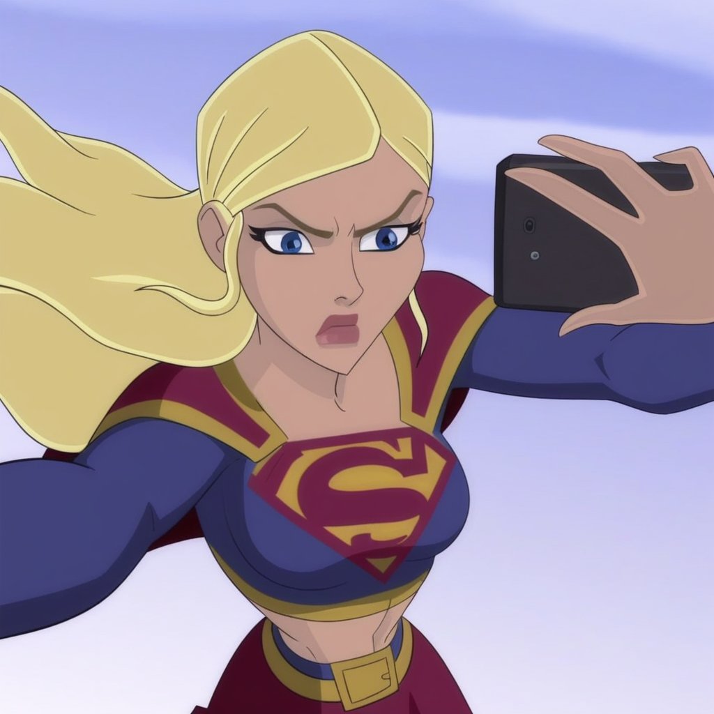 1girl, Kara Zor-El, blonde hair, blue eyes, toned skin, narrow waist, Supergirl suit with red and yellow emblem, red skirt visible, flying through sky, determined expression, selfie shot, unrealistic, western cartoon