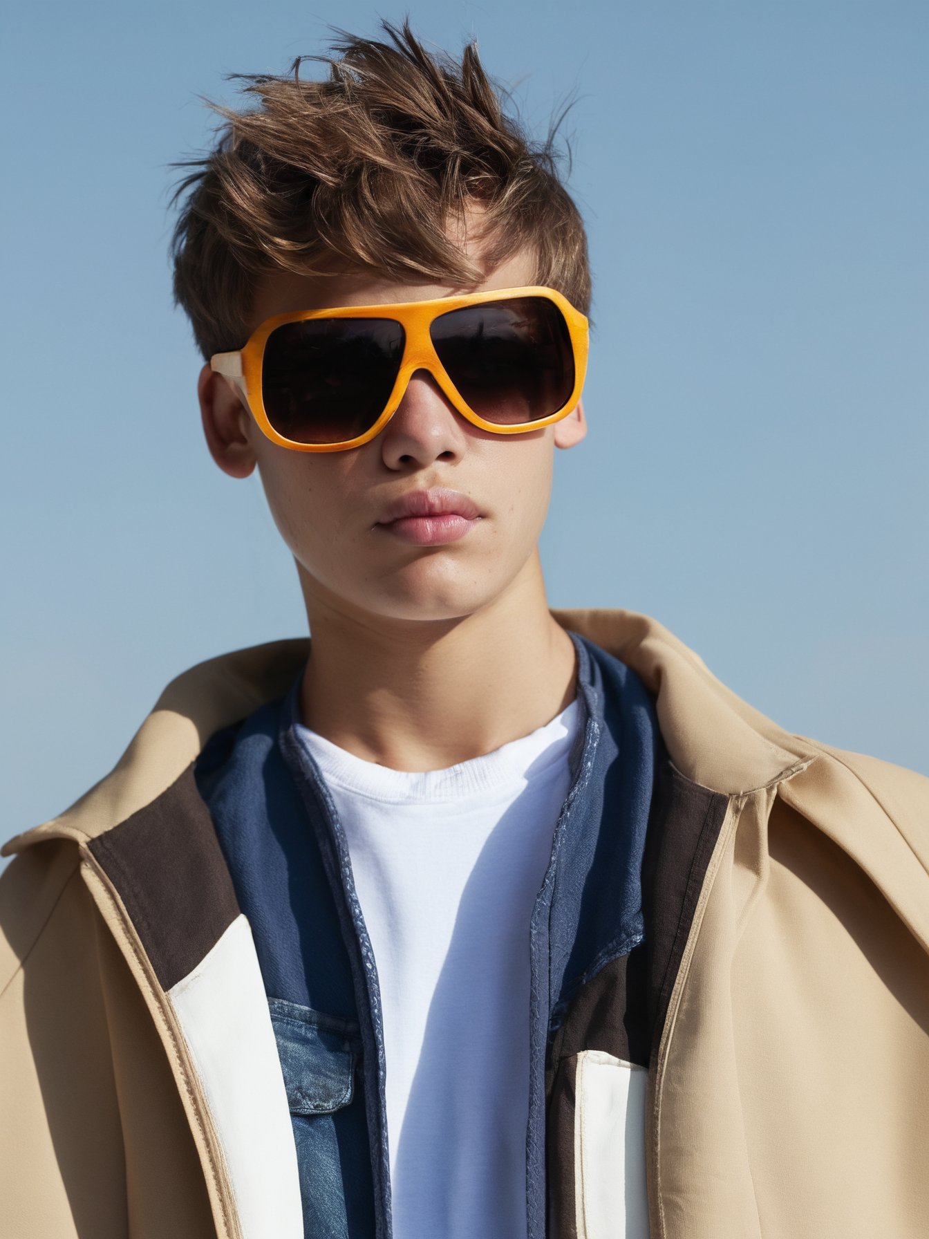 score_9, score_8_up, score_7_up, solo, photo, <lora:NG(n4tang0ldmann)SDXL:1> (n4tang0ldmann), teen boy, model, full thick lips, solo, 1boy, male focus, realistic, sunglasses, simple background, brown hair, grey background, closed mouth, upper body, short hair, lips, jacket, freckles, realistic, hyper detailed photorealistic life-like accurate proportional 8k sharp focus, accurate cinematic lighting, photorealistic detail, uncensored, full body shot 