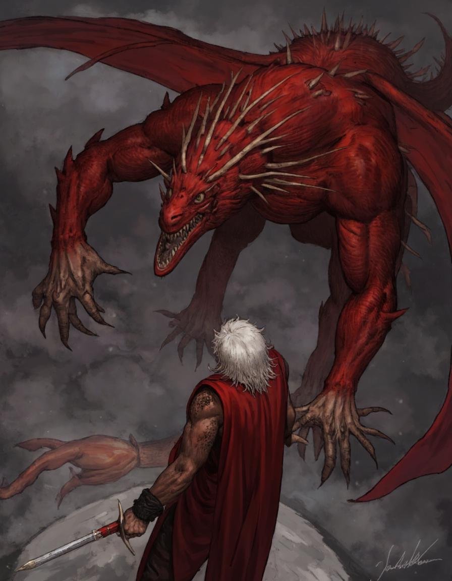 The image is a digital illustration of a man with white hair and a red cloak,  holding a sword in his right hand. He is st...