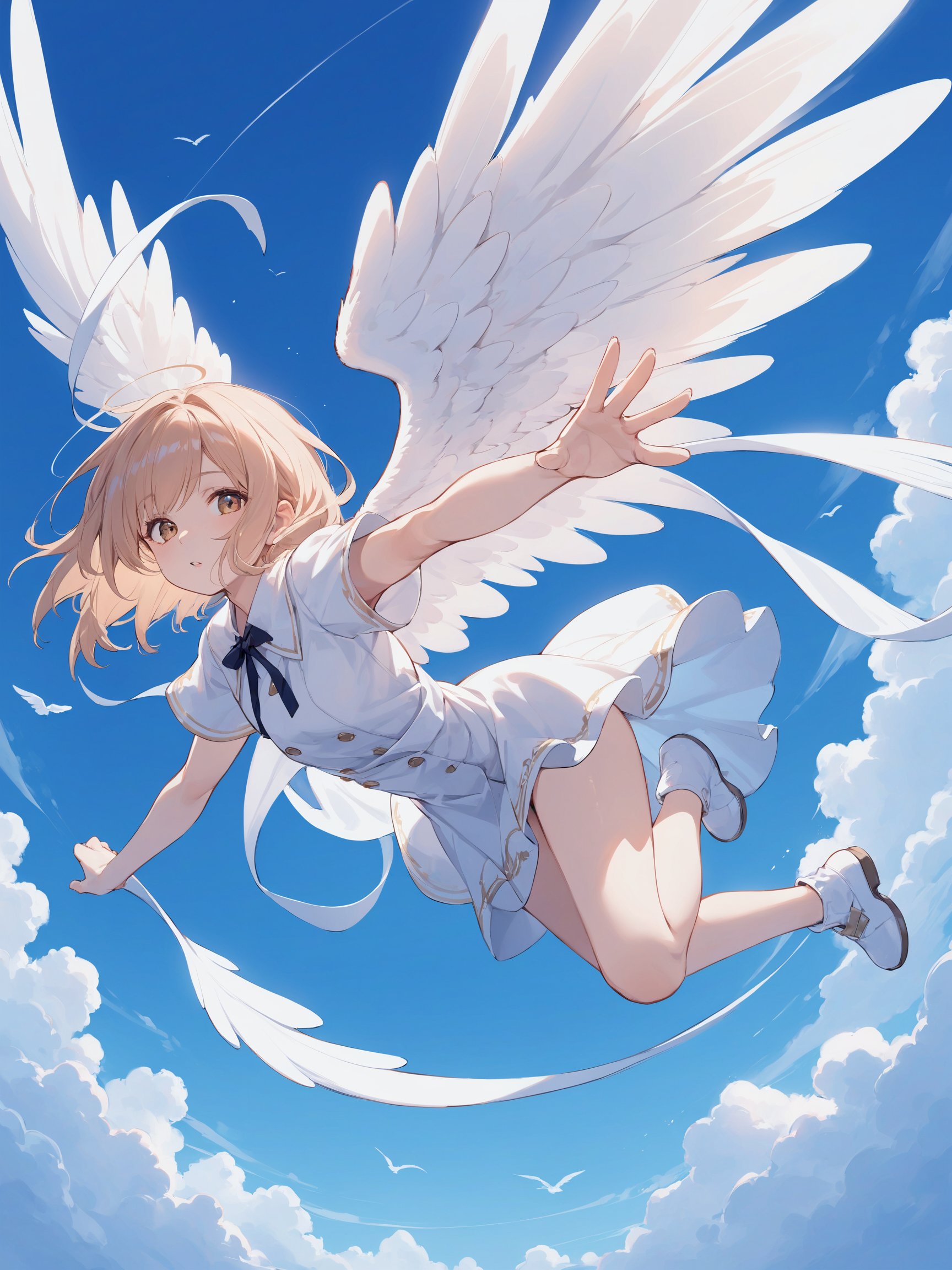 an angel swoops down from the sky,from below, open wings,two wings,flying forward to the viewer,full body, 