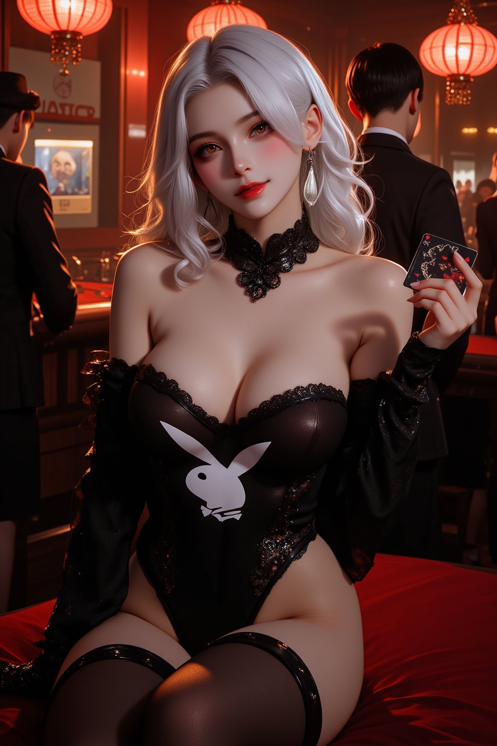 indoor casino, 1 sultry milf, solo, red eyes, long curly white hair cascading between her eyes, large breasts, Playboy bunny-inspired lace-trim strapless leotard, gothic touches, black pantyhose, detached collar, holding a card, cowboy shot, seductive smile, half-closed eyes, gazing at viewer, sitting with crossed legs, exude confidence and mystery, masterpiece, photorealism, highest quality.