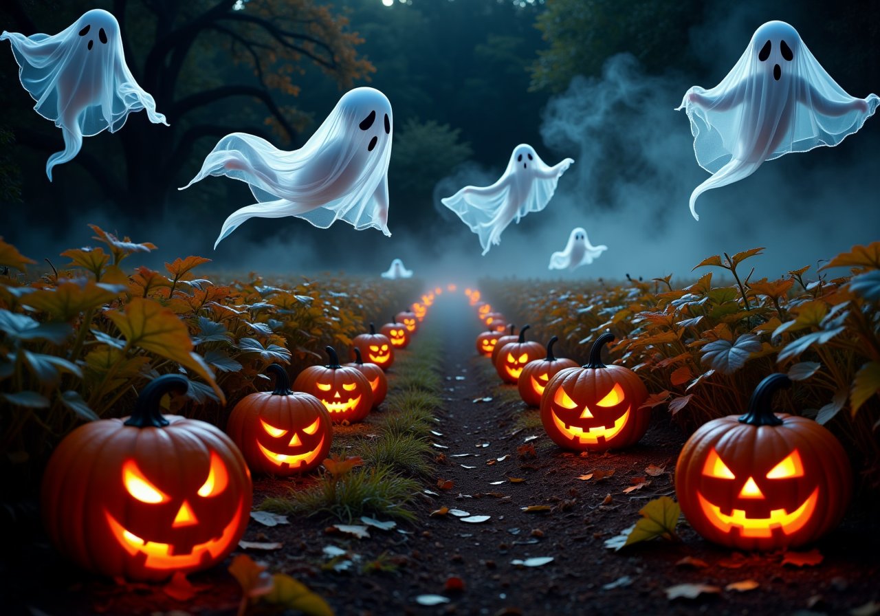 A haunted pumpkin patch: Glowing jack-o’-lanterns sit among the vines, their flickering flames casting eerie light. Transparent ghosts float above, gently swirling through the misty night. Their forms shimmer in the moonlight as they glide silently over the field, their haunting presence adding an unsettling calm to the scene.