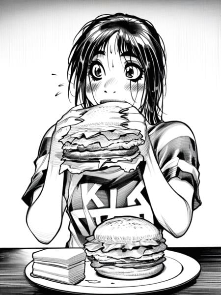 eating hamburger, monochrome, hamburger, womanscore_8_up <lora:Empowered Comic-000010:1>