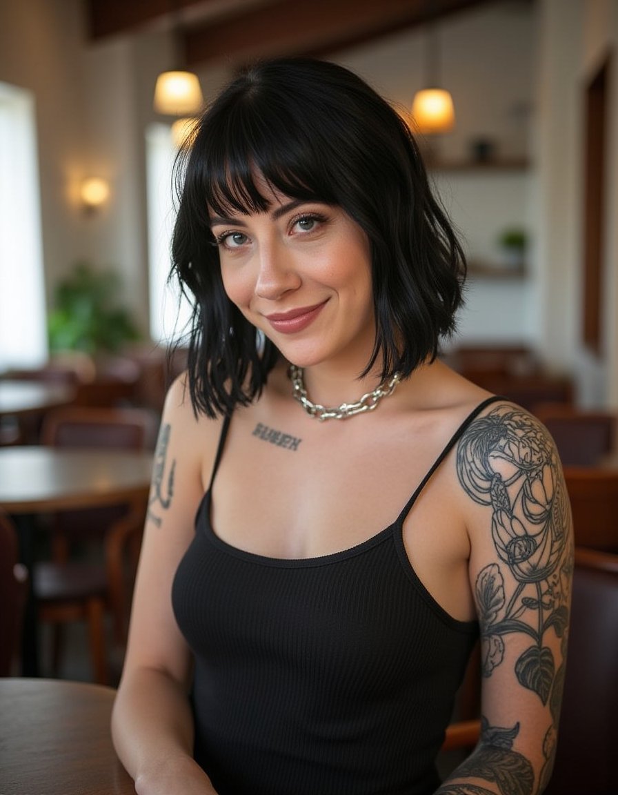 <lora:Charlotte_Sartre_Flux:1>  beautiful detailed photograph, short black hair, tattoos, wearing a dress, standing in cafe looking at the viewer, smiling  