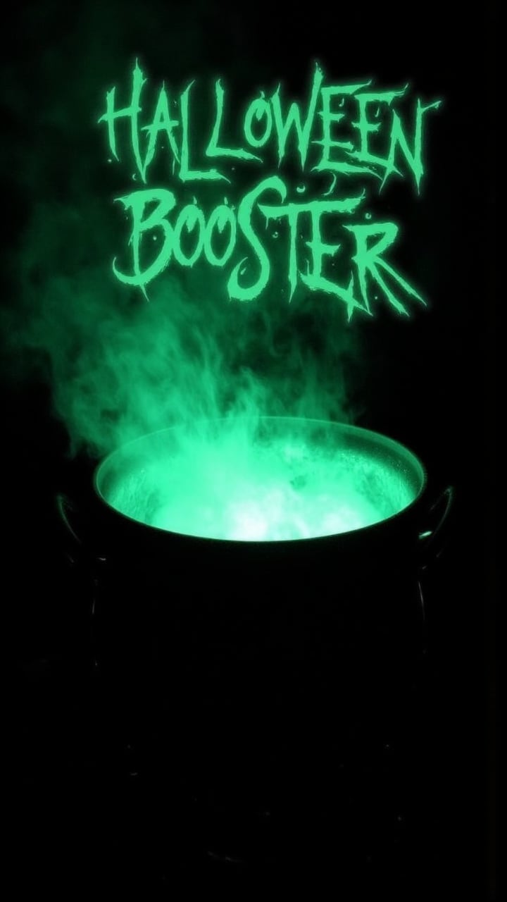 A witch’s bubbling cauldron, glowing with green mist and eerie light, with the words "Halloween Booster" floating above the potion in smoky letters.  , aidmaHalloweenBoost