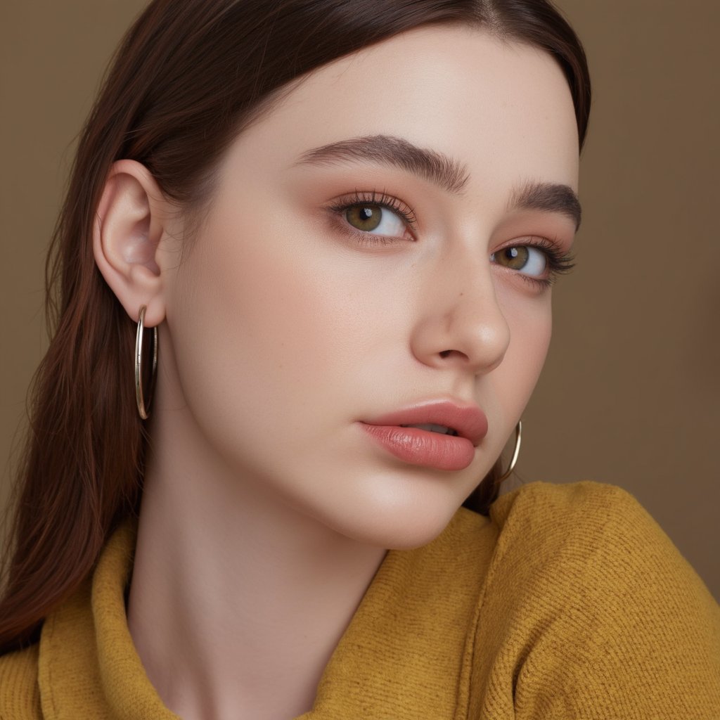 A close-up portrait of dasha_taran with a neutral expression. She has long, wavy brown hair and wears large, silver hoop earrings. Her eyes are a striking shade of green, and her makeup is subtle, emphasizing her eyelashes and lips. She wears a mustard-colored, textured shirt. The background is a muted, earthy brown, contrasting with her pale complexion. The image style is contemporary, emphasizing the subject's natural beauty and the interplay of light and shadow.