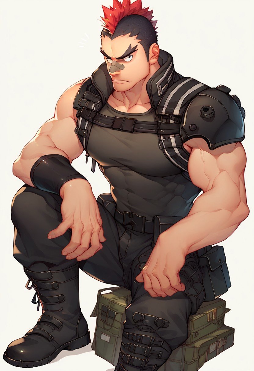 score_9, score_8_up, score_7_up, kinagase_tsumugu, bandaid on nose, red mohawk, forked eyebrows, sideburns, bara, guerrilla outfit, black outfit, tactical gear, black armbands, sleeveless shirt, belts, chest harness, tactical harness, left pauldron, shoulder pad, combat boots