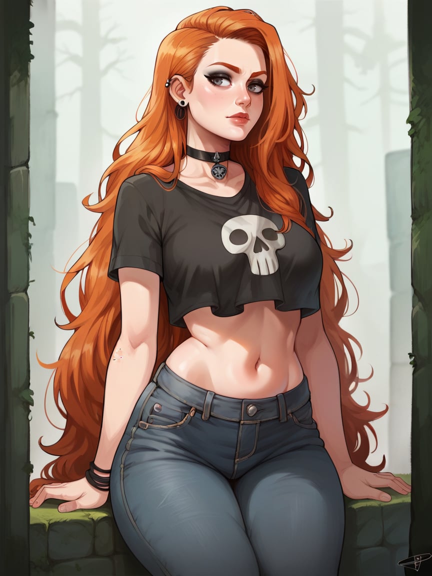 score_9, score_8_up, score_7_up, score_6_up, score_5_up,  <lora:Sul31m4n0vXLP:1> sul31m4n0v, 1girl, curvy, jeans, t-shirt, crop top, very long hair, ginger hair, grey eyes, goth