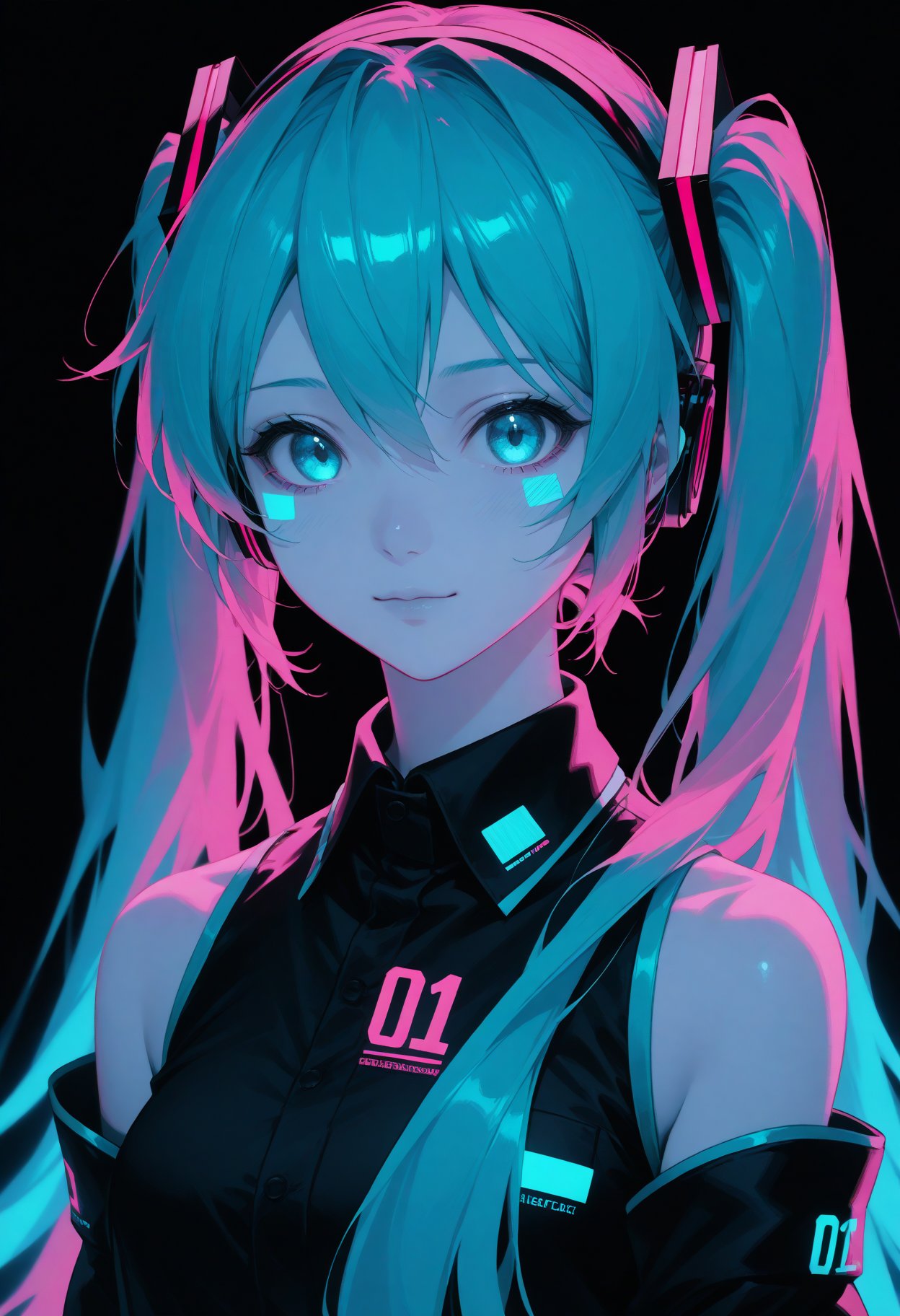 score_9,score_8_up,score_7_up,Hatsune Miku,limited palette,black background,colorful,vibrant,glowing outline,neon,blacklight,looking at viewer, masterpiece, very aesthetic