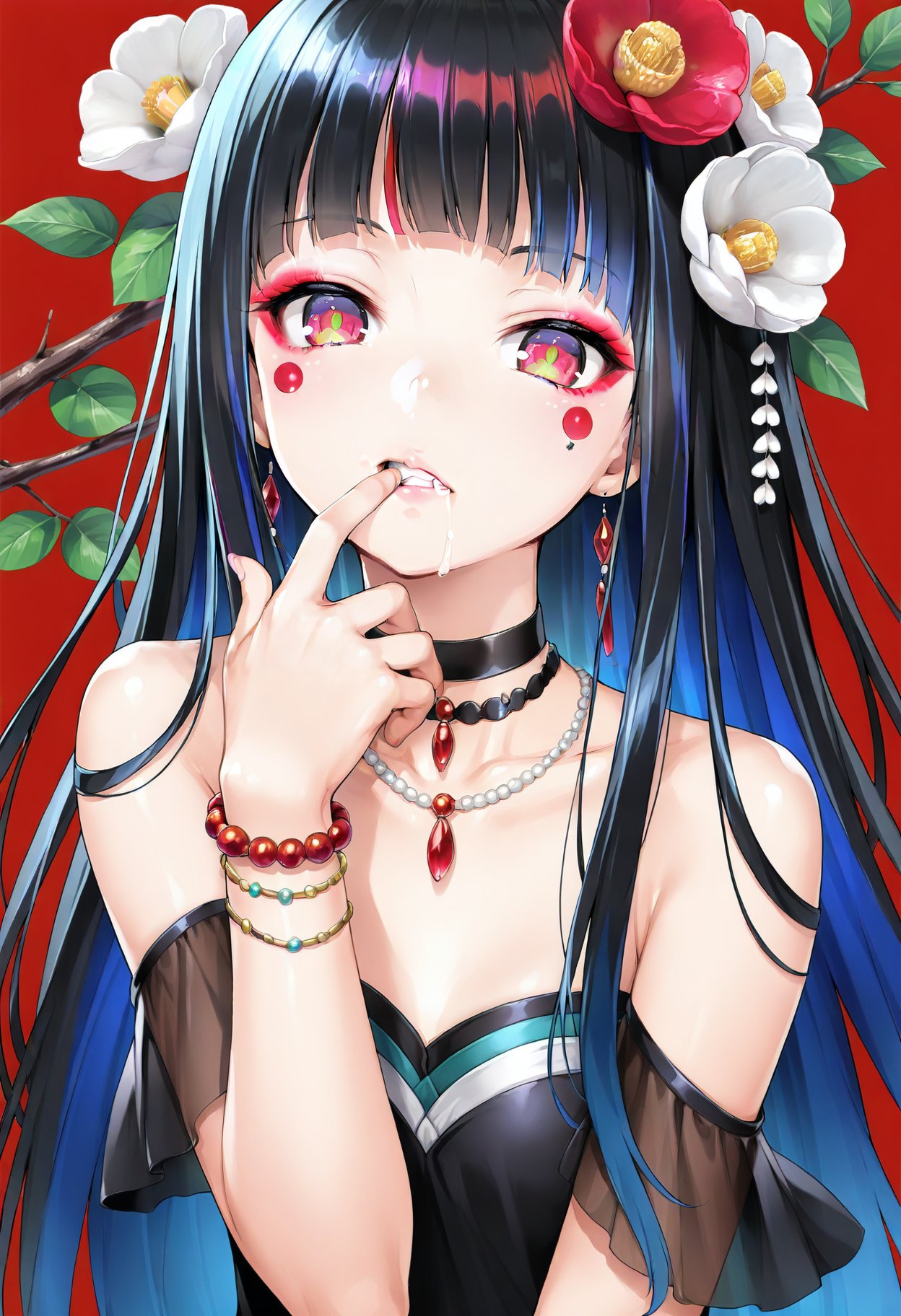 1girl, multicolored eyes, solo, flower, jewelry, red background, long hair, necklace, bracelet, hair flower, black hair, looking at viewer, hair ornament, simple background, upper body, teeth, multicolored hair, blunt bangs, finger to mouth, hand up, collarbone, makeup, choker, fingernails, parted lips, eyeshadow, red eyes, blue hair, white flower, gradient eyes, camellia, bare shoulders, branch, finger in own mouth, facial mark, leaf