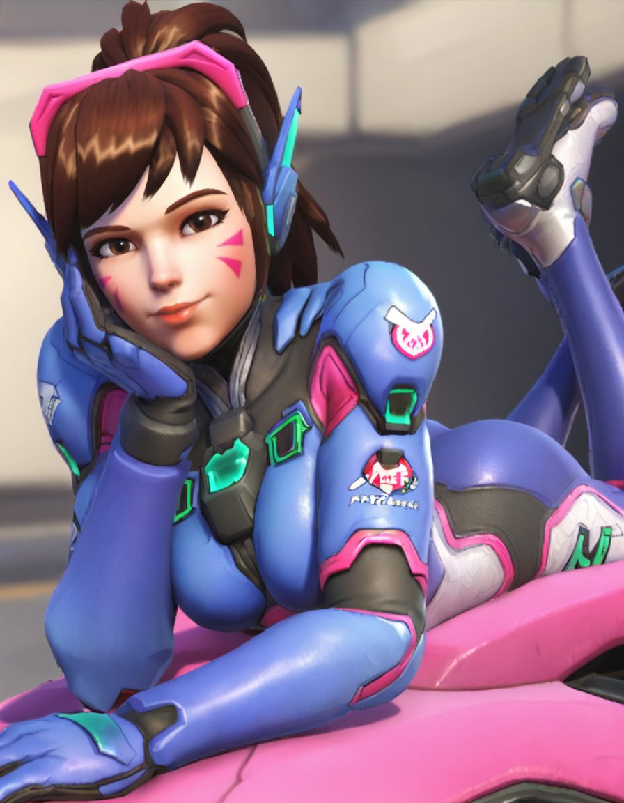 1girl, solo, d.va (overwatch), bodysuit, on stomach, facial mark, headphones, long hair, breasts, whisker markings, lying, brown eyes, looking at viewer, brown hair, skin tight, ass, lips, blue bodysuit, swept bangs, pilot suit, <lora:D.Va:0.7>