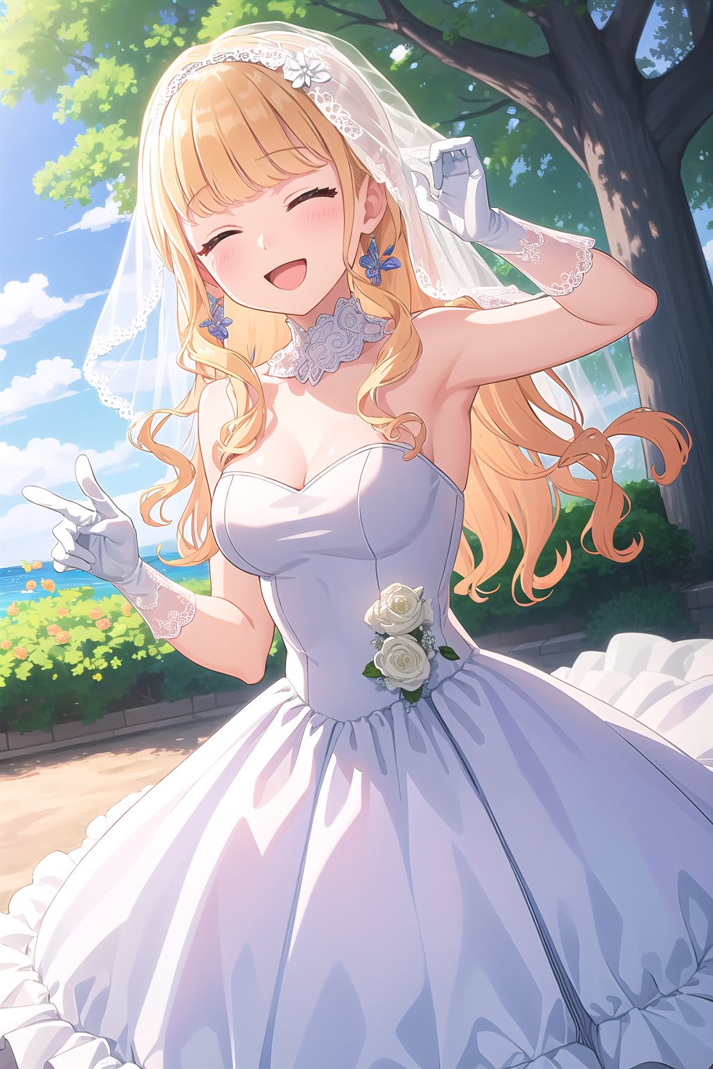 (masterpiece, best quality), highly detailed background, perfect lightingbest quality, fujitakotone, solo, outdoors, nature, bridal veil, blonde hair, blunt bangs, wavy hair, long hair, closed eyes, medium breasts, wedding dress, white dress, white gloves, frilled skirt, smile, open mouth, ^o^, <lora:Fujita-Kotone:0.7>