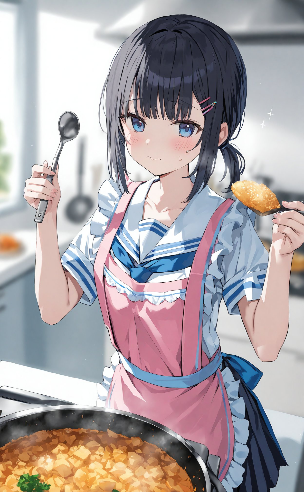 masterpiece,best quality,high quality,(colorful),loli,1girl,solo,spoon,apron,black hair,holding spoon,school uniform,sailor collar,blue eyes,blush,blurry background,hair ornament,holding,serafuku,food,looking at viewer,white sailor collar,frills,hairclip,blue neckerchief,blurry,indoors,kitchen,cooking,pink apron,closed mouth,skirt,short sleeves,pleated skirt,neckerchief,sidelocks,short ponytail,ponytail,sweatdrop,collarbone,shirt,white shirt,stove,sparkle,frying pan,medium hair,cooking pot,hands up,black skirt,ladle,