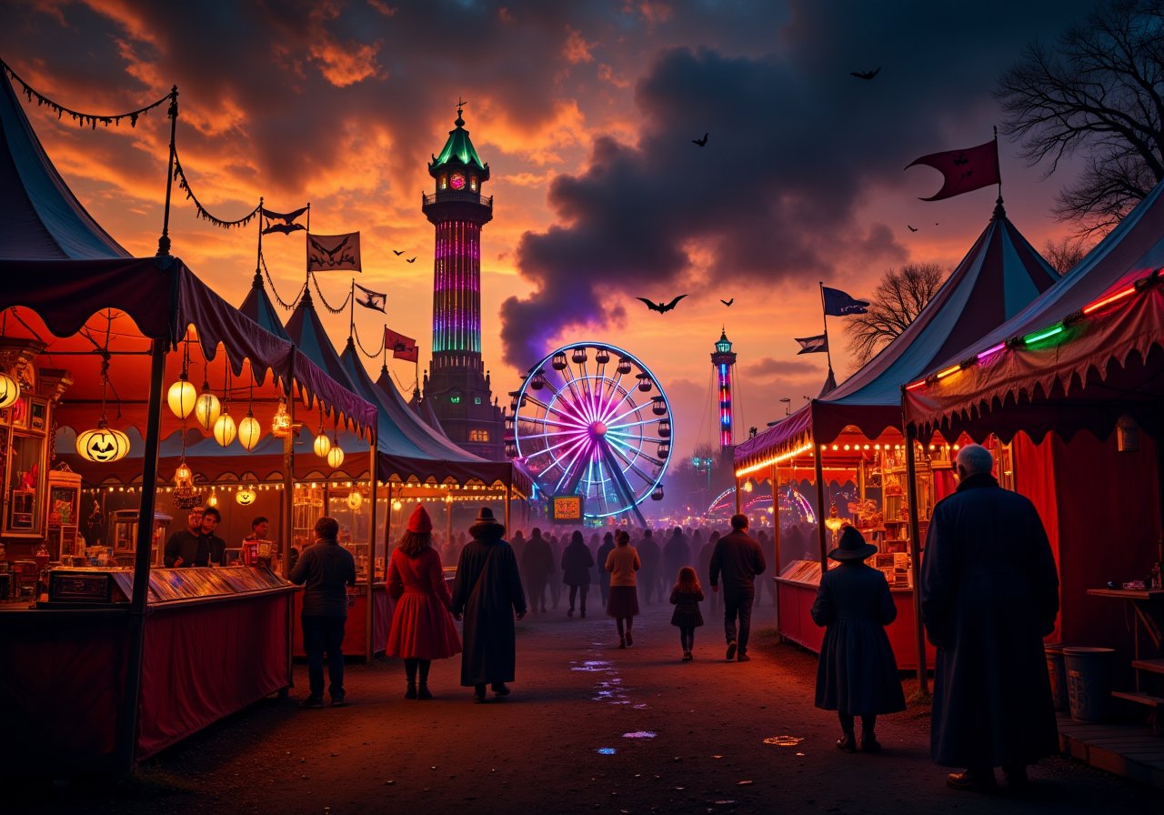 A Halloween carnival at dusk: The darkened fairground buzzes with laughter and faint screams. Neon lights from the rides cast an eerie glow as people in costumes wander through. A creepy clown offers twisted balloon shapes, while fortune tellers beckon guests into mysterious tents under a flickering orange sky.