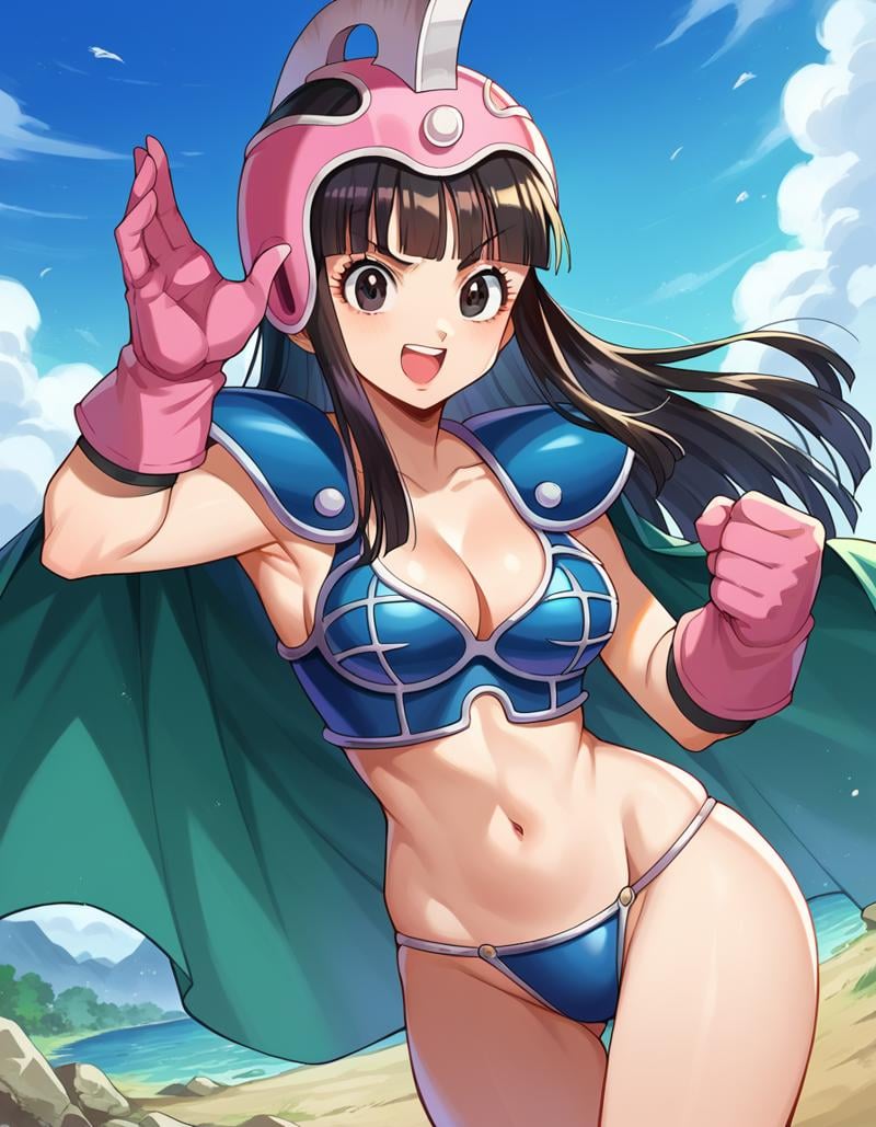 score_9, score_8_up, score_7_up, source_anime,dragonballchichi, <lora:dragonball-chichi-ponyxl-lora-nochekaiser:1>,chi chi, black eyes, black hair, long hair, hime cut, blunt bangs, sidelocks,armor, bikini armor, cape, collarbone, gloves, helmet, navel, pauldrons, shoulder armor, cleavage,outdoors, wasteland, fighting stance, open mouth,looking at viewer, dutch angle, cowboy shot,