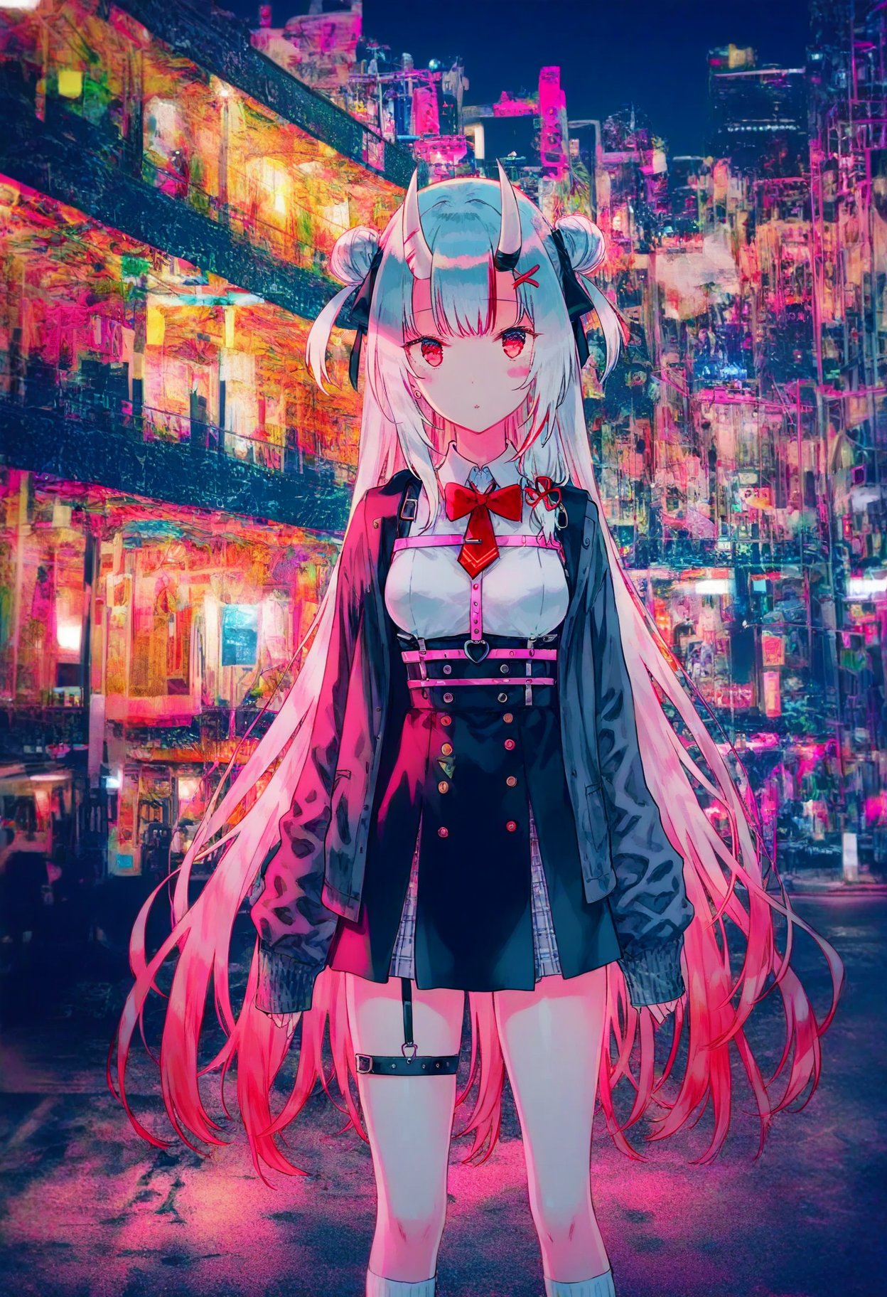 1girl,nakiri ayame,mika pikazo,hiten,pixiv,extremely aesthetic,stylish,colorful,photo background,outdoors,night,dark theme,city,rabbit hole,