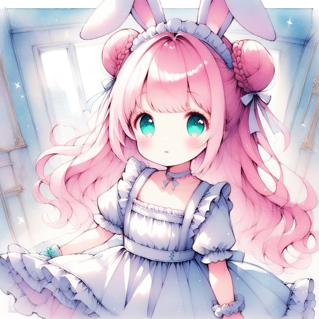 sketch,art style, watercolor, rough, low quality,(rabbit ears),pink hair,double bun,braided bun,wavy long hair,child,aqua eyes,parted_lips,short pointy_ears,white lace-trimmed a lot of frills white cute choker,wrist scrunchie,white Clothes,off-shoulder,clavicle,white gothic near white maid,diagonal angle,room, action view,glitter,