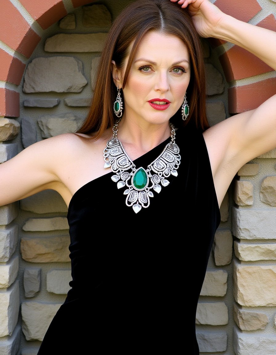 The image is a high-resolution photograph featuring a woman posing against a rustic stone wall. She is positioned in a semi-profile view, with her left arm raised and her right arm bent, resting on the stone wall. The woman has a fair complexion and long, straight brown hair that cascades down her back. She is wearing a black, one-shoulder velvet dress that has a smooth texture, emphasizing the luxurious feel of the fabric. Her makeup is striking, with bold red lipstick and well-defined eyebrows. She accessorizes with an elaborate, statement necklace made of silver and featuring intricate designs, including a large, oval-shaped pendant with a green stone at its center. She also wears matching, large, ornate earrings that match the style of the necklace.The background consists of a stone wall with a mix of grey and beige stones, giving a rough, earthy texture. The archway she is standing in is made of reddish-brown stone, adding a warm contrast to the cool tones of the wall. The lighting is natural, likely from the sun, casting soft shadows and highlighting the textures and details of the subject and background.,Julianne Moore, <lora:Julianne_Moore_Flux_V1:1>