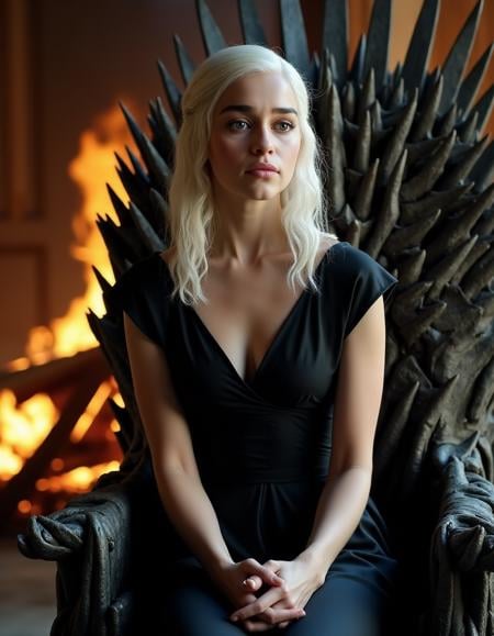 <lora:GOTemiliaClarkeQuiron_FLUX:1.7> GOTemiliaclarkeQuiron, a woman with white hair, Emilia clarke as Daenerys targaryen in hbo's 'game of thrones',   sitting on the iron throne with fire in the background  at Bates Motel