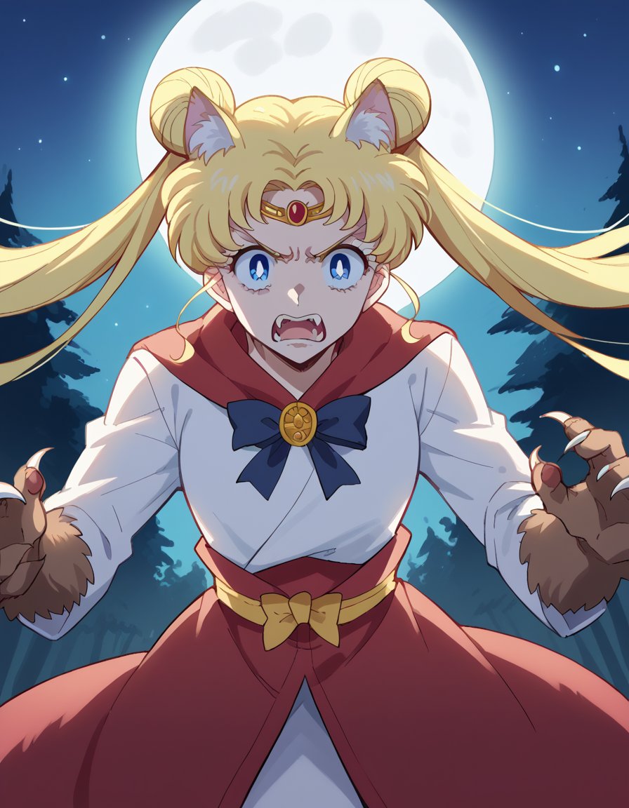 score_9, score_8_up, score_7_up, source_anime, <lora:usagi-tsukino-eternal-movie1-ponyxl-lora-nochekaiser:1>, usagi tsukino, blonde hair, blue eyes, double bun, hair bun, hair ornament, long hair, twintails, circlet, parted bangs,, <lora:werewolf-ponyxl-lora-nochekaiser:1>, werewolf, furry, fangs, animal ears, gloves, angry, teeth, animal ear fluff,, forest, night, moon, open mouth,, cowboy shot