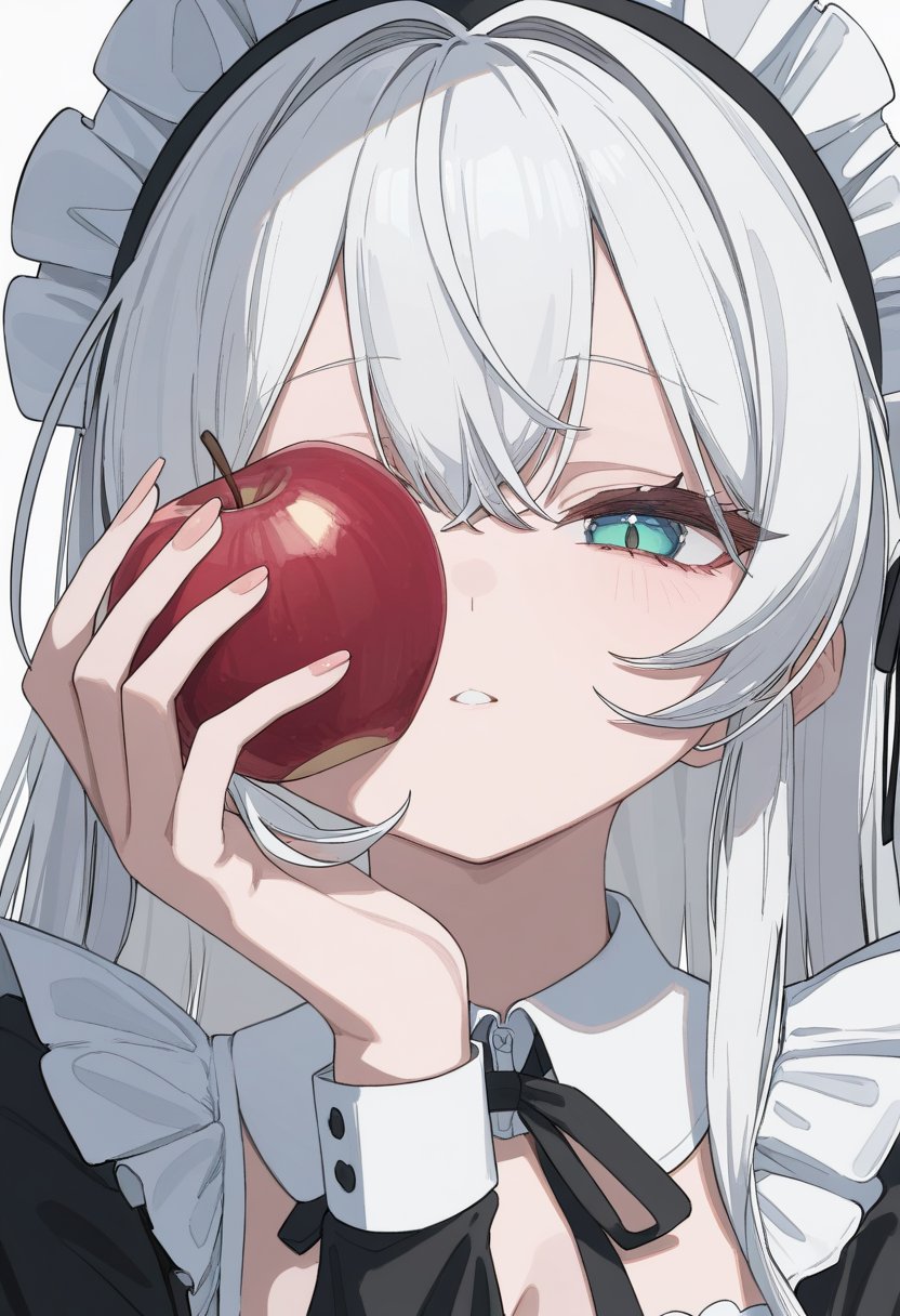 1girl,solo,white hair,long hair,maid's outfit,close-up of face,looking at viewer,holding apple,newest,highres,absurdres,highly detailed,best quality,