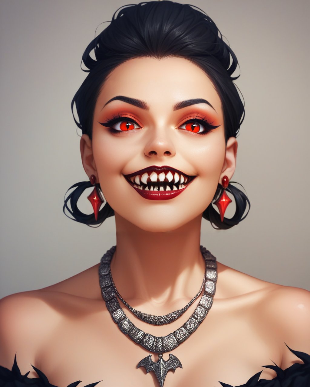 score_9_up, score_8_up, score_7_up, halloween makeup, jewelry, bear_animal, necklace, earrings, red eyes, red lips, makeup, black hair, solo, teeth, lipstick, dress, smile, bare shoulders, sharp teeth, portrait, looking at viewer, <lora:NeoNi_HMUP:0.7>