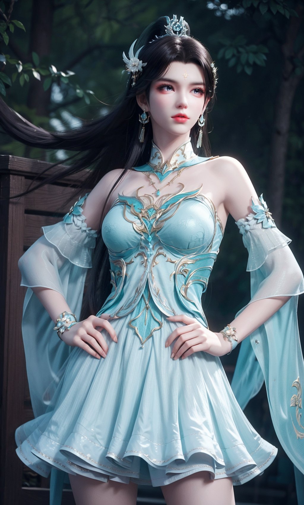 ,,masterpiece,(best quality),official art,extremely detailed cg 8k wallpaper,(extremely delicate and beautiful),solo,realistic,photo_\(medium\),(Standing with one hand on the hip:1.2),spread legs,upper body,(chinese clothing,(cyan skirt:1.1),cyan dress,earrings,jewelry, bare legs, detached sleeves,earrings,bare shoulders,solo,),adfxx0.75NOST4,1girl,solo,long hair,ponytail,hair bun,black hair,hair ornament,forehead mark,<lora:xuner_douzong-10:0.7:lbw=NOST4>,adfxx,