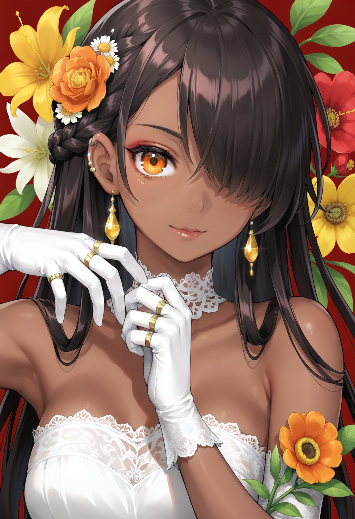 1girl, flower, dark skin, solo, gloves, dark-skinned female, jewelry, ring, looking at viewer, white gloves, black hair, braid, upper body, red flower, yellow flower, hair ornament, earrings, orange eyes, bare shoulders, long hair, red background, lace, hair flower, very dark skin, orange flower, one eye covered, strapless, multiple rings, plant, simple background, lace trim, armpits