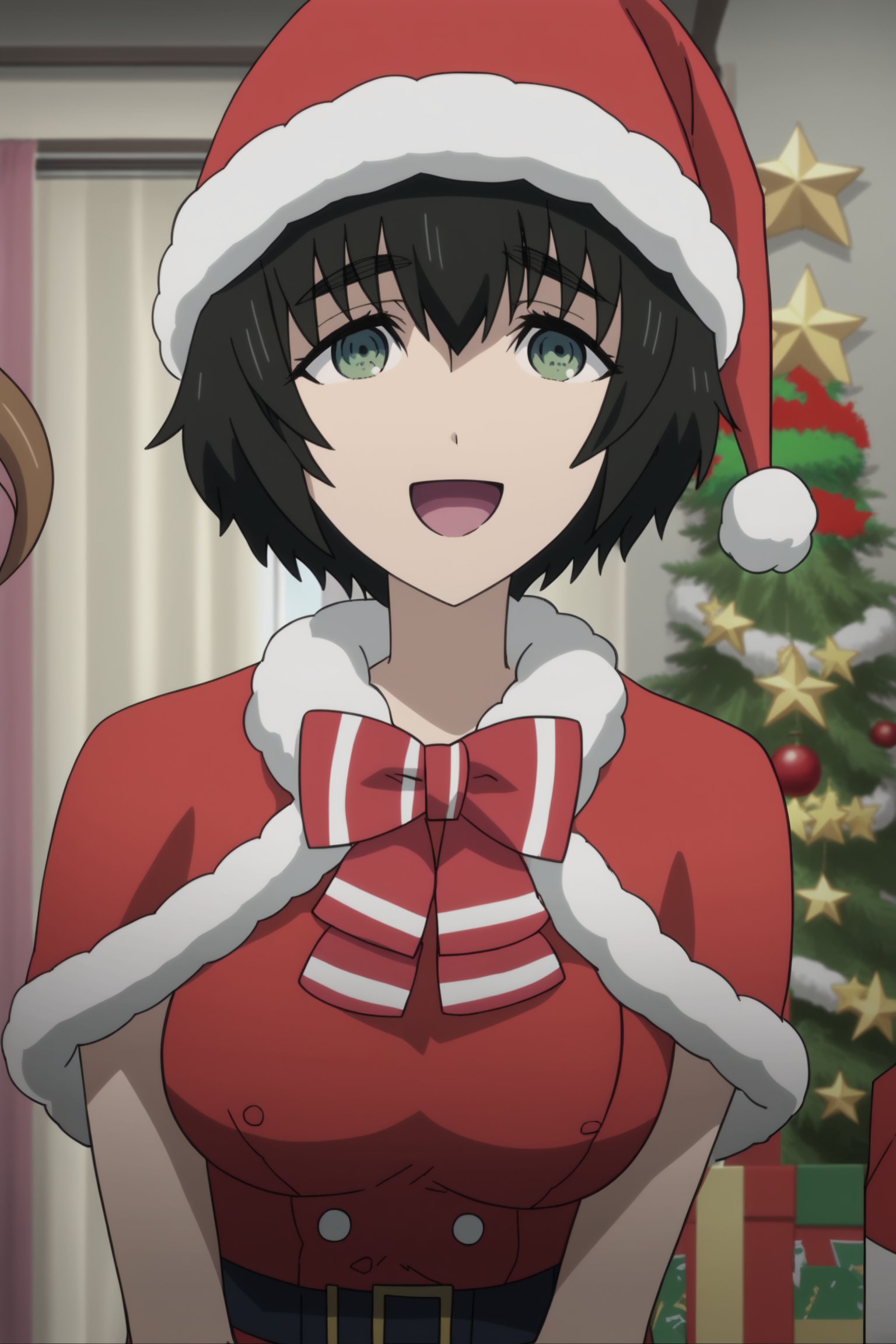 score_9, score_8_up, score_7_up, source_anime, official anime artwork, screencap, anime screencap, best quality, safe for work,in a room, Christmas trees, <lora:Mayuri_Shiina:1>green eyes, thick eyebrows, large breasts, Mayuri Santa outfit,| santa hat, santa costume, caplet,happy girl, looking at the viewer, big smile, mouth open