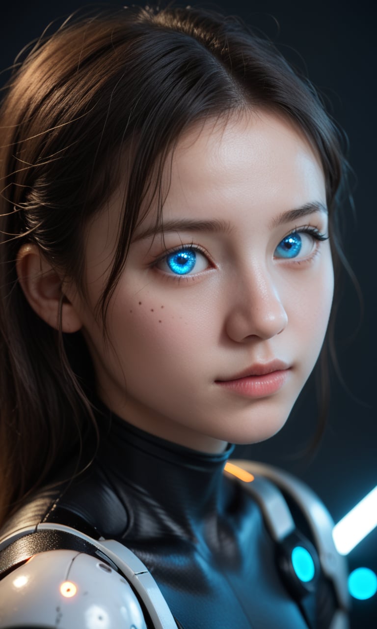 score_9, score_8_up, score_7_up, score_6_up, score_5_up, score_4_up, realistic, photo, dynamic angle, dramatic shadows, high quality, detailed face eyes and skin,BREAK, (cute)1.2, cyberpunk, cyborg, mechanical arms, detailed full cyborg body parts, glowing body parts, blue lights, cinematic portrait photo, young cyborg woman with (shoulder-length)0.5 brunette hair and blue eyes, wearing a black formfitting high-tech futuristic outfit and pants