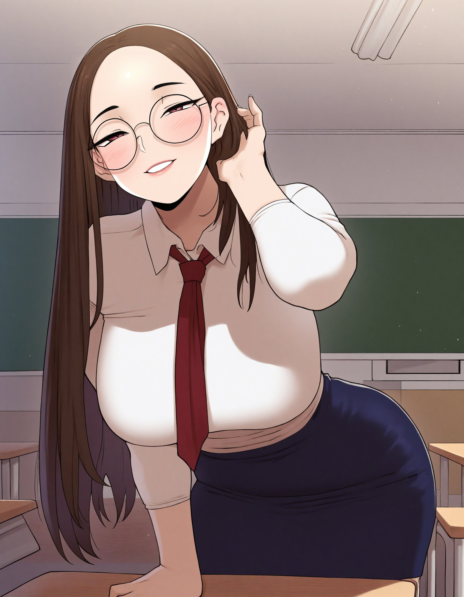 1girl,solo,long hair,straight hair, forehead,brown hair,white shirt,pencil skirt,classroom, leaning forward, necktie, parted lips, round eyewear, hand in own hair,smile,blush,half-closed eyes, (looking at viewer:1.2),  <lora:ABBB(ah-lyong_lee)-artist-illustrious v01:1> abbb