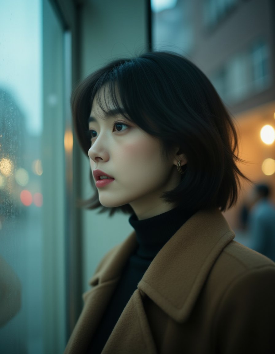 very temperamental english girl,Street photography,Canon lens,Gauss blur,misty misty glass window,behind the glass window stands an elegant short hair Oriental girl,side,delicate makeup,light spot,blur,night scene,double exposure,bright lights,simple autumn fashion suit,turtleneck sweater,long thin coat,confidence,blurred face,indistinct,light and dark contrast,