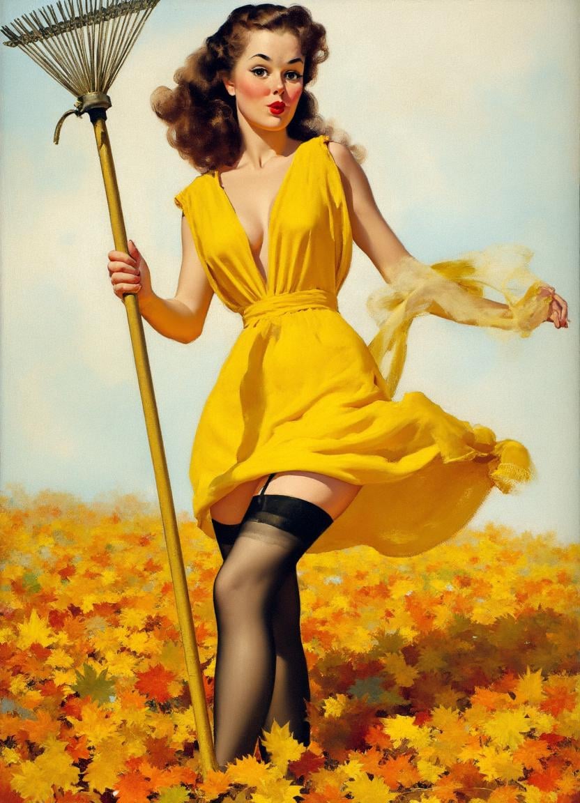 A high-resolution image by Gil Elvgren. It depicts a woman standing in a field of autumn leaves,  holding a rake. The woma...