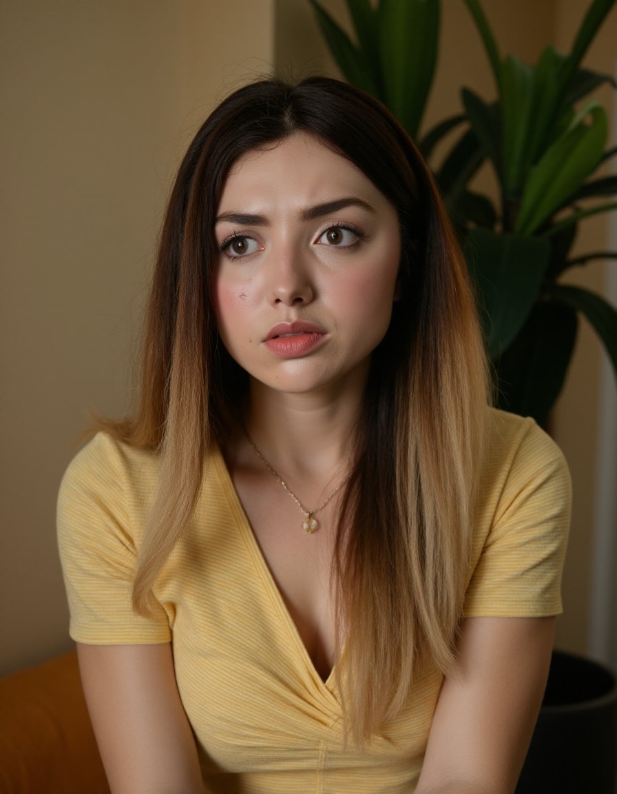 This is a high-resolution photograph featuring a young woman with fair skin, long straight brown hair that has a gradient effect with lighter hues towards the ends, and a subtle wave in the front. She is wearing a light yellow, short-sleeved dress with a V-neckline and thin, horizontal stripes. The dress has a soft, slightly textured fabric that drapes gracefully over her slender frame. Around her neck, she wears a delicate gold necklace with a small pendant.Her facial expression is neutral, with slightly downturned lips and a serious gaze directed slightly to her left. Her makeup is subtle, with a light foundation that accentuates her natural features and a hint of pink lipstick. The background is indoors, with a beige wall on the left and a potted plant with broad, green leaves positioned to the right. The lighting is soft, casting a warm glow that highlights her features and the textures of her dress and hair. The overall ambiance suggests a calm, intimate setting, possibly a home or a cozy indoor space. The photograph captures a moment of introspection or contemplation, with the woman's expression conveying a sense of depth and thoughtfulness.,Peyton List,  <lora:Peyton_List_Flux_V1-000003:1>