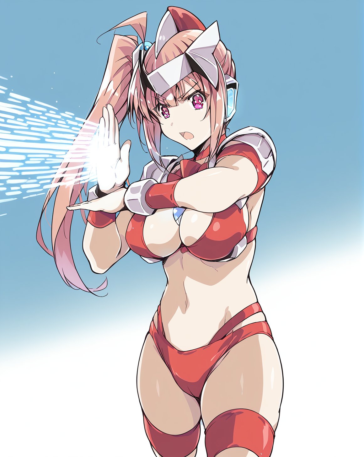 <lora:UltraShine-000009:0.8>,UltraShine,(brown eyes:1.1),long hair,side ponytail,bangs,headgear,large breasts,pink hair,brown eyes,blue chest jewel,bikini armor,thigh strap,1girl,solo,BREAK(spacium beam:1.1),energy beam,<lora:spacium_beam:1.2>,serious,open mouth,, score_9,score_8_up,score_7_up,source_anime,best quality,masterpiece,uncensored,detailed eyes,