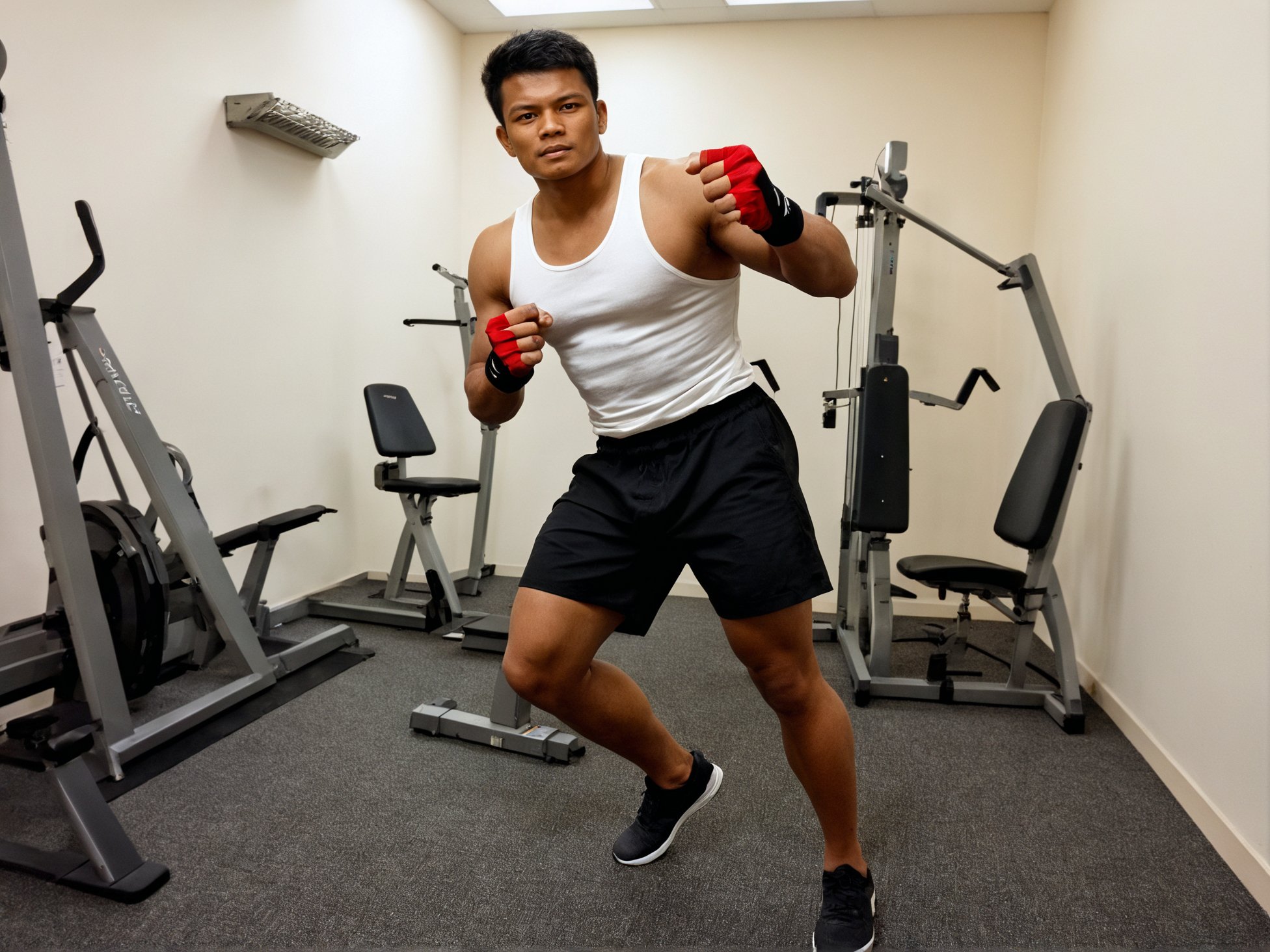 anatomically correct, solo, peemaipor, muscular, large pectorals, white tank top, black shorts, red fingerless gloves, fighting stance, studio lighting, in the dimly lit room,zPDXL3, <lora:PeemaiporkobkXL-B1ALM:1> <lora:add-detail-xl:0.8>