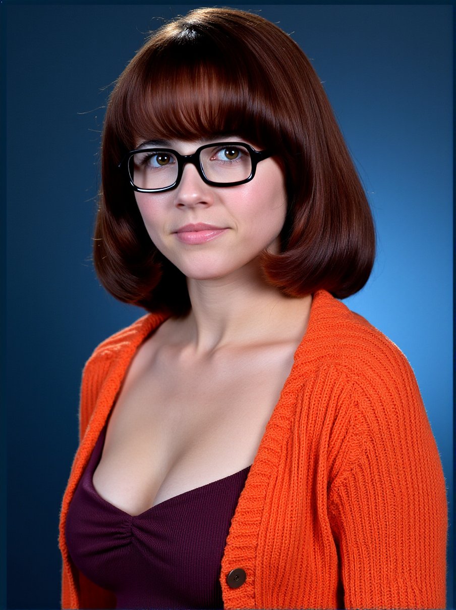 The image is a high-resolution photograph of a young woman with a fair complexion and a medium build. She has a straight, shoulder-length, auburn bob with blunt bangs that frame her face. She wears black, rectangular eyeglasses that accentuate her light brown eyes. Her expression is neutral, with a slight hint of a smile. She is dressed in a vibrant, orange, textured, cable-knit cardigan over a dark purple top. The background is a smooth, gradient of blue hues that transitions from a darker shade at the top to a lighter shade at the bottom, creating a soft, blurred effect that keeps the focus on the subject. The lighting is even, with no harsh shadows, highlighting the texture of her clothing and the smoothness of her skin. The overall style of the photograph is professional, with sharp details and a clean, well-lit composition that emphasizes the subject's features and attire. The image is likely taken in a studio setting, given the controlled background and lighting.. Velma in short skirt,<lora:Velma_Flux_V1:1>