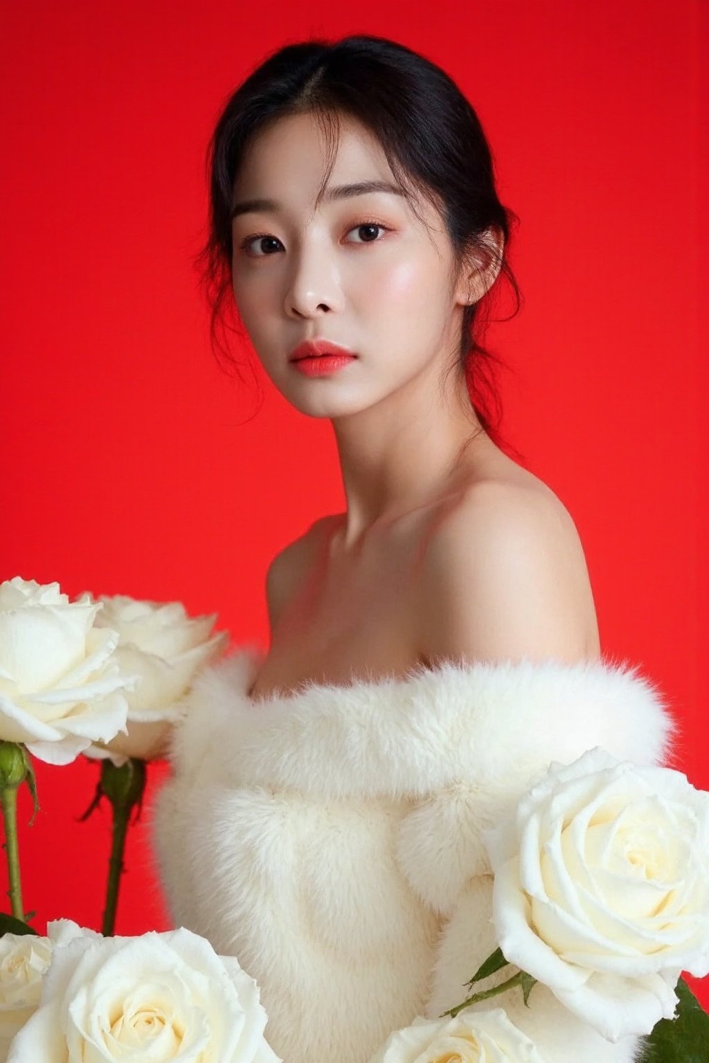 The image showcases a young asianwoman. She is positioned against a strikingly vibrant red background, which is filled with large white roses. The roses dominate the composition, adding a dramatic and intense contrast to her skin tone and overall appearance.The woman is dressed in white fur dress, which drapes softly over her shoulders, leaving her upper back and one shoulder exposed. Her expression is calm and slightly mysterious, with her gaze directed slightly to the side, away from the camera. The large roses, some of which overlap with her figure, create a dreamy and surreal atmosphere, as if she is blending into or emerging from the floral background., <lora:flux_realism_lora:1>, <lora:makinaflux_seolinah_v1.0:1>