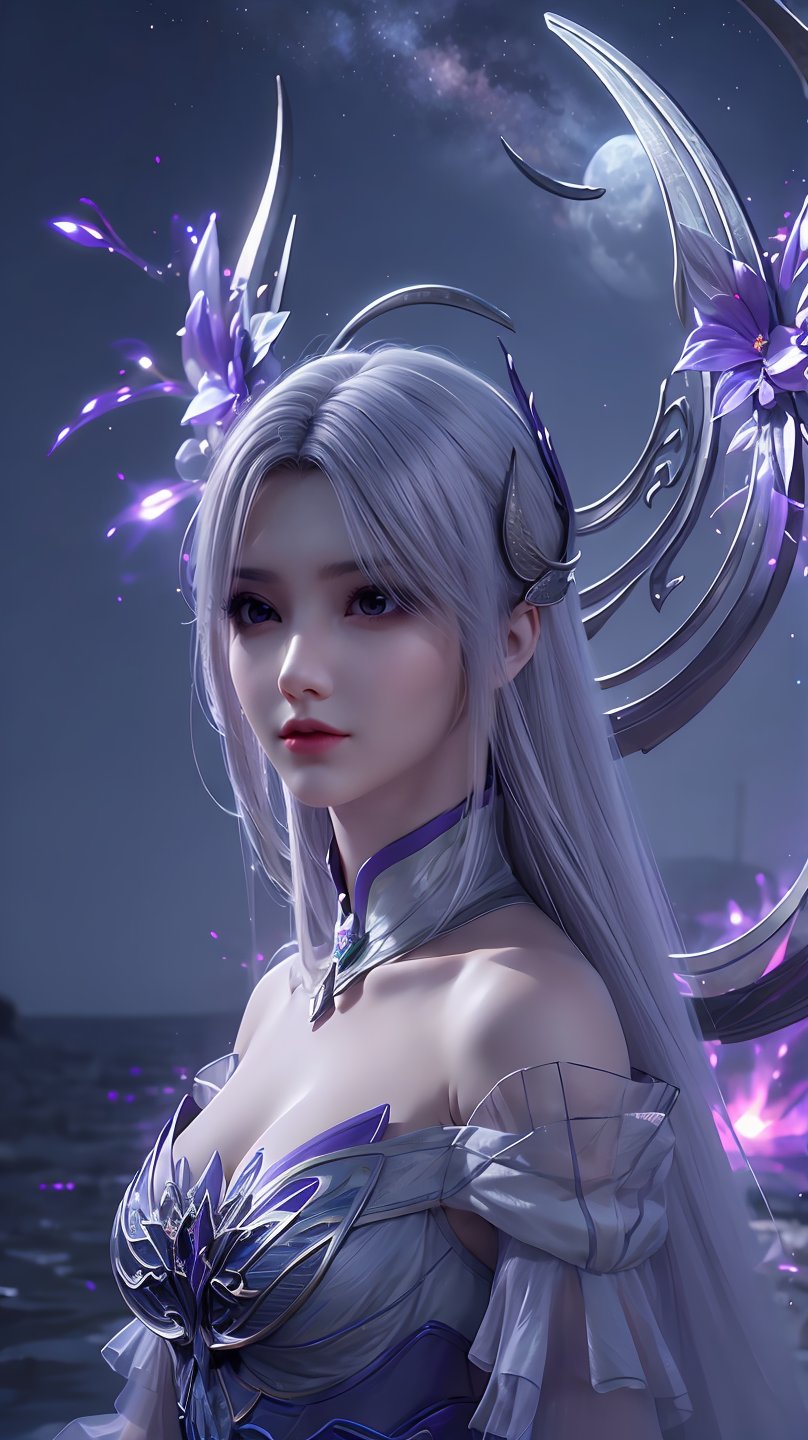 xiaoyixianlp,1girl,solo,hair ornament,closed mouth,long hair,expressionless,realistic,fake collar,purple dress,shoulders,upper_body,wings,floating and rainbow long hair,Iridescence and rainbow, beautiful detailed starry sky,, night,starry_sky,galaxy,exquisite face,fair_skin,magic background,magic,starry sky water surface,moon,