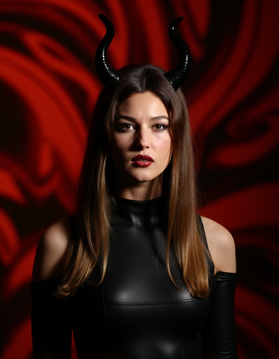 This is a photograph of a young woman with long, straight, light brown hair, set against a dramatic, dark red background with abstract, swirling patterns. She is wearing a black leather outfit that appears to be a fitted, high-necked tunic or dress. The most striking feature of her attire is a black, horned headpiece that curves upward, resembling the horns of a demon or mythical creature. The horns are intricately detailed, with a glossy, almost metallic texture that contrasts with the matte leather of her outfit. The woman's expression is serious, with a slight frown, and her lips are painted a deep red, matching the background color. She is gazing directly at the camera, her blue eyes intense and focused. The lighting is warm and slightly diffused, casting soft shadows that enhance the texture of her leather clothing and the smooth surface of her headpiece. The overall mood of the image is dark and intense, suggesting a fantasy or horror theme. The photograph captures a blend of elements, including the woman's confident presence, the intricate details of her attire, and the rich, dramatic background, creating a visually striking and powerful composition.,Monica Bellucci, <lora:Monica_Bellucci_Flux_V1:1>