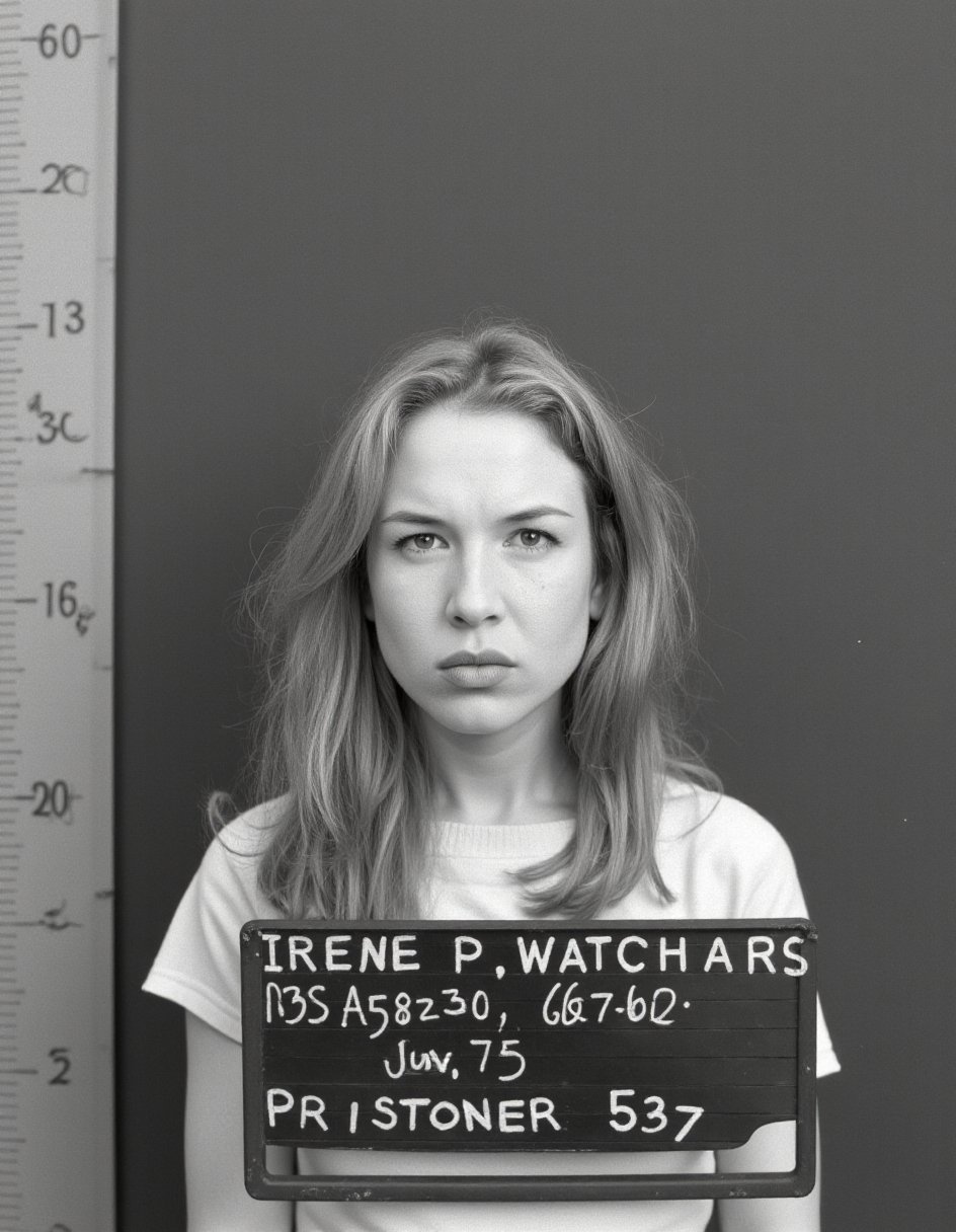 This is a black-and-white photograph depicting a mugshot of a woman named Irene P. Waters, RSP 587230, Prisoner 537. Irene, a Caucasian woman with long, wavy hair, is centrally positioned against a gray background. She has a stern, serious expression, with her lips slightly pursed and her eyebrows furrowed. She is wearing a light-colored, high-necked top that contrasts with the darker background. The photograph is a mugshot, indicated by the black and white bar that spans the entire height of the image, listing her name, prisoner number, and the word "PRITCHARD" in large, bold, white letters.To the left of Irene's head, a height measurement scale is visible, indicating her height in inches. The scale begins at 60 inches (5 feet) and increases by 2 inches increments up to 76 inches (6 feet 4 inches). The scale is marked in white numbers against a gray background. The photograph has a grainy texture typical of older, black-and-white prints, contributing to its nostalgic and somber atmosphere. The overall mood is one of seriousness and authority, emphasizing the formal nature of the mugshot.,Renee_Zellweger,<lora:Renee_Zellweger_Flux_V1:1>