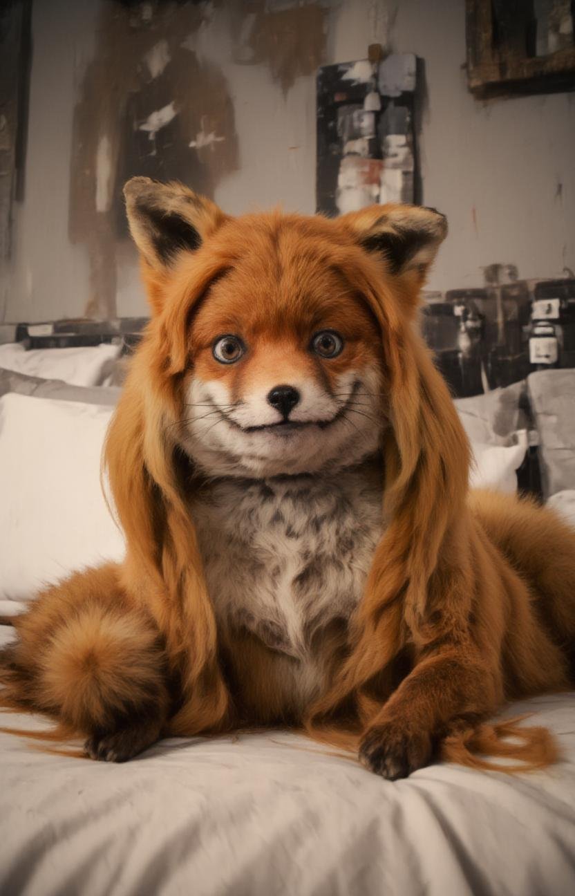 a picture of a starring fox waifu wearing a fake wig and is laying seductive on a bed, <lora:- Flux1 - stoned_fox_V1.0:.8>  <lora:MJanime_Flux_LoRa_v3_Final:1>